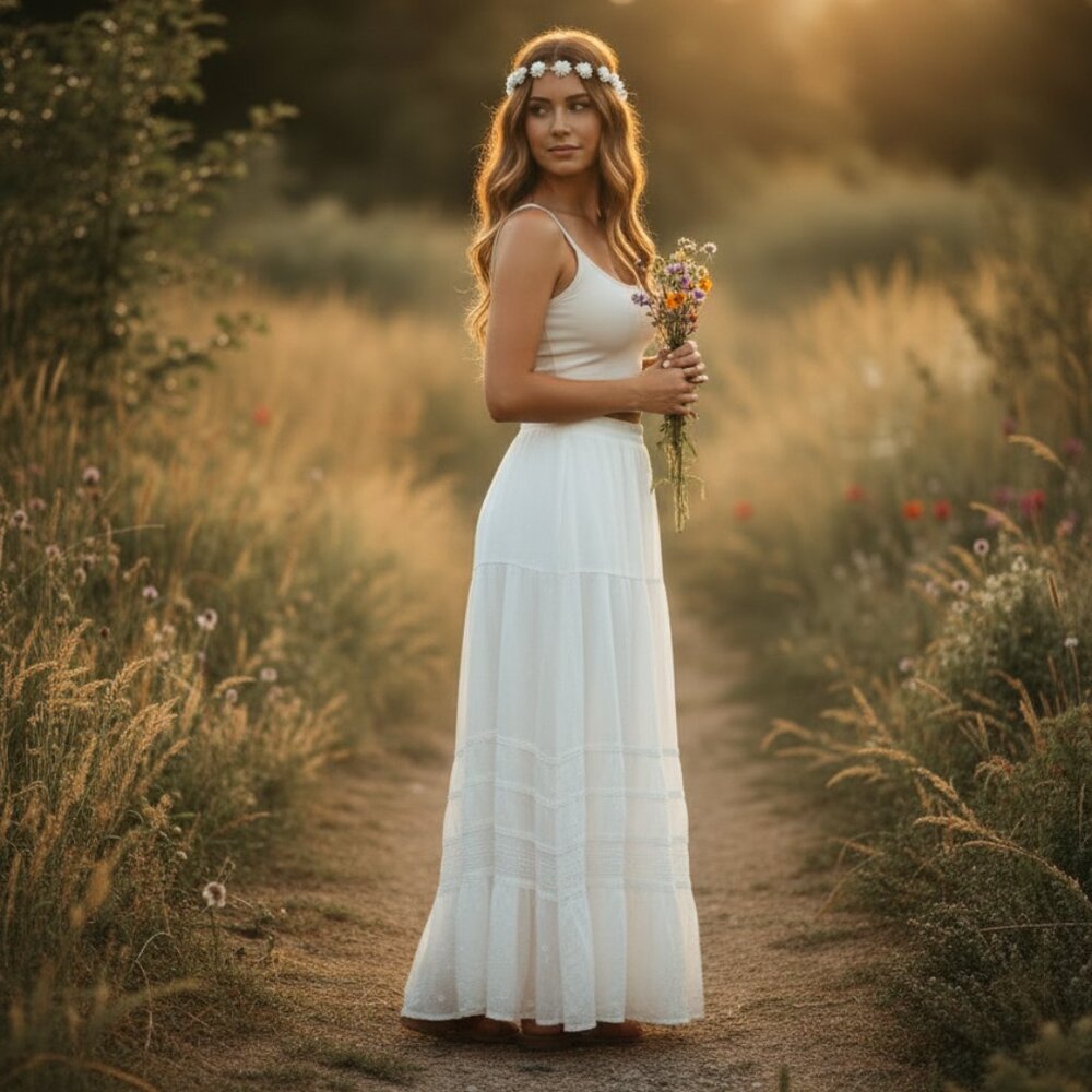 L'POGEE Bohemian White Maxi Skirt With Eyelet Detail & Crochet Layers Tie